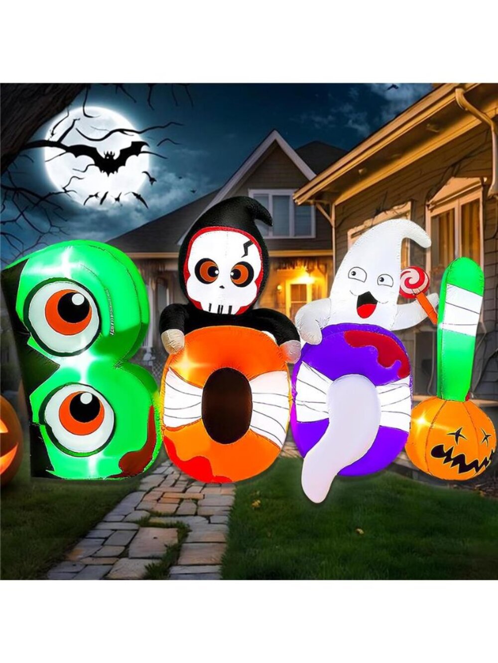 8FT Halloween Inflatable Boo with Skeleton Ghost Pumpkin Decor